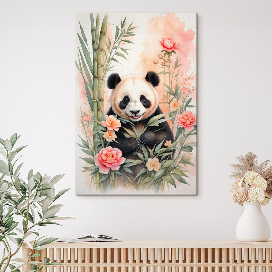 Pandabär mit Blumen und Bambus Pandabär mit Blumen und Bambus