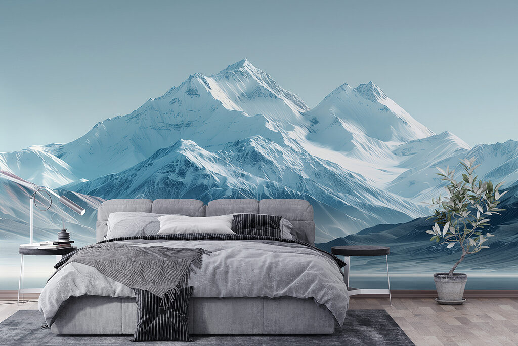 Snowy mountain range with a body of water Snowy mountain range with a body of water