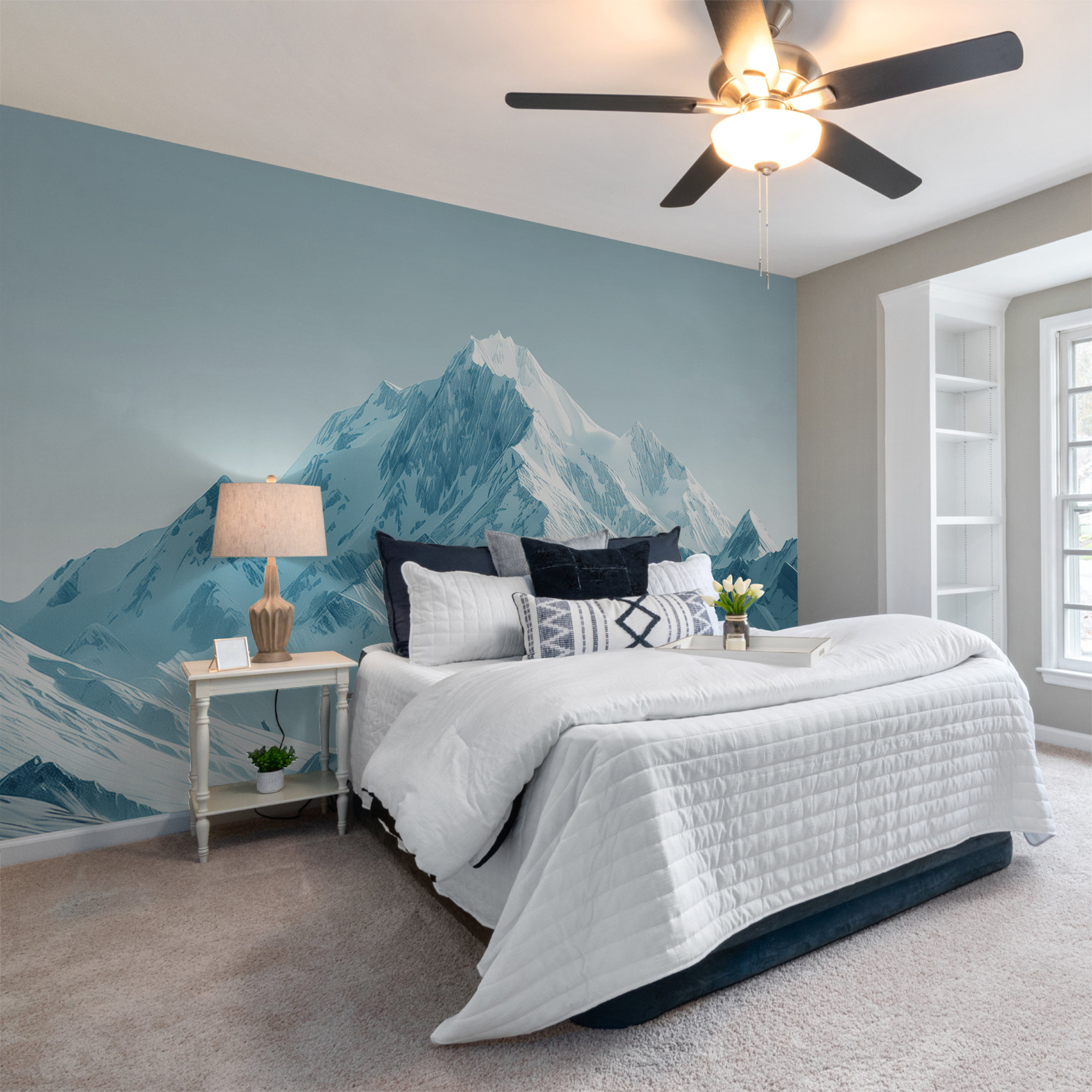 Snowy mountain range with blue sky