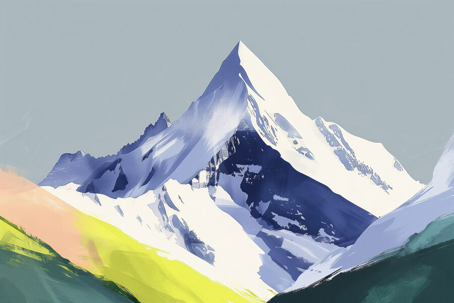 Berg mit Schnee und grünen Hügeln