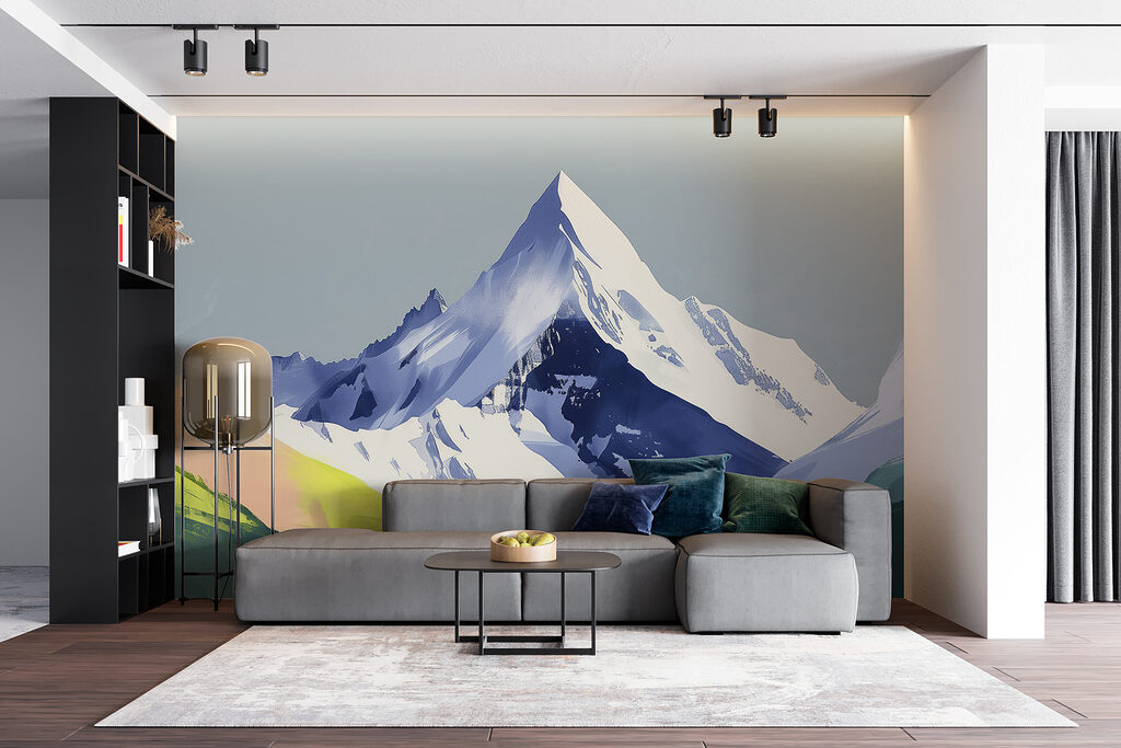 Mountain with snow and green hills