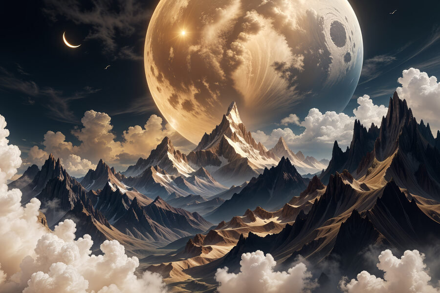 Mond über Bergen und Wolken