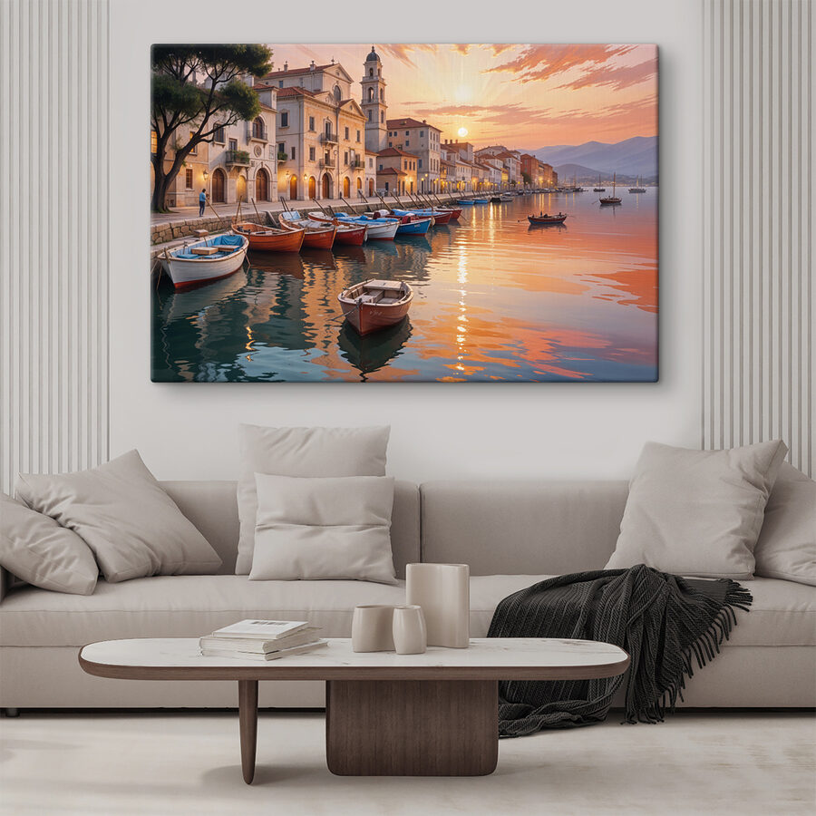 Wandbilder Boote auf dem Wasser mit Gebäuden im Hintergrund