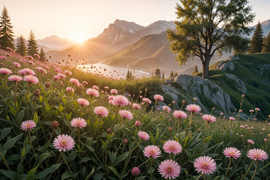 Feld von rosa Blumen mit einem Baum und Bergen im Hintergrund