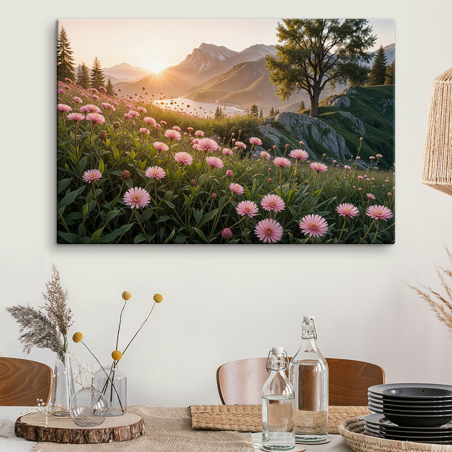 Feld von rosa Blumen mit einem Baum und Bergen im Hintergrund