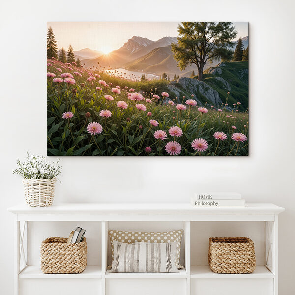 Feld von rosa Blumen mit einem Baum und Bergen im Hintergrund Feld von rosa Blumen mit einem Baum und Bergen im Hintergrund