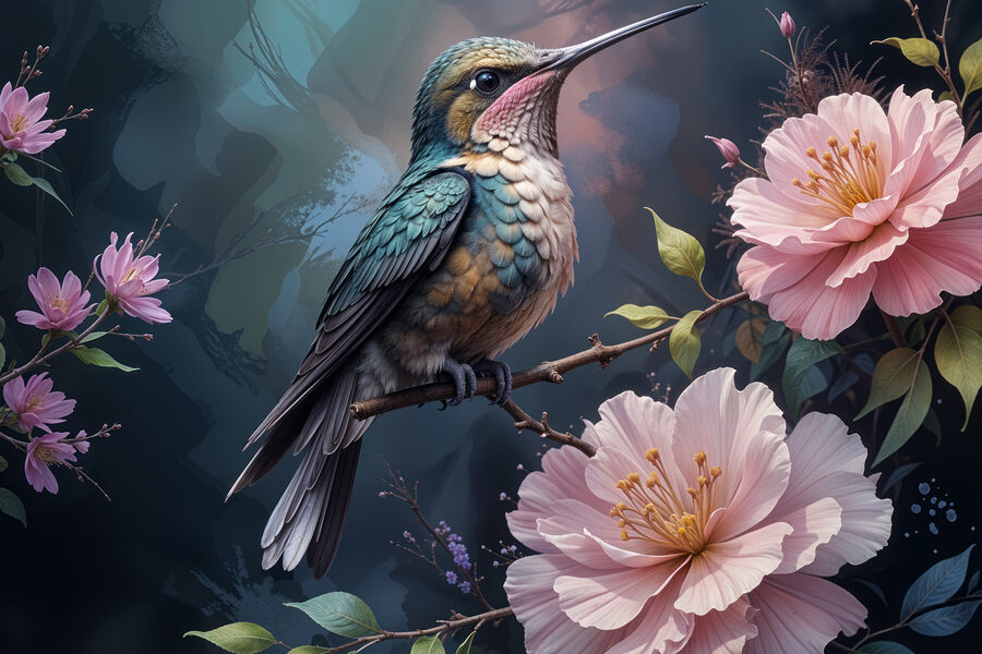 Vogel auf einem Zweig mit Blumen sitzend Vogel auf einem Zweig mit Blumen sitzend