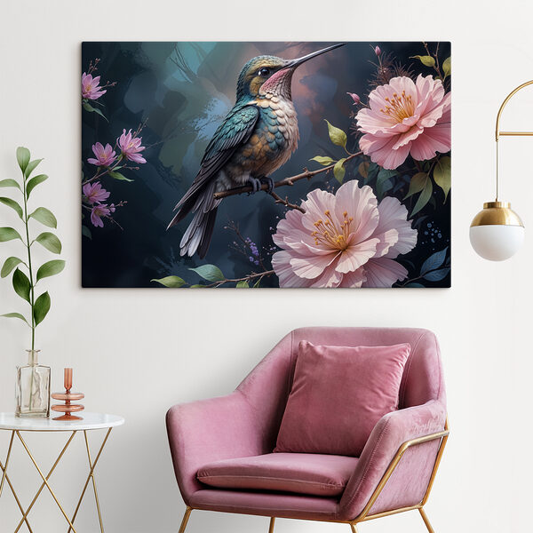 Vogel auf einem Zweig mit Blumen sitzend Vogel auf einem Zweig mit Blumen sitzend