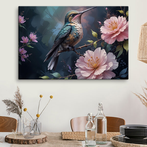 Vogel auf einem Zweig mit Blumen sitzend Vogel auf einem Zweig mit Blumen sitzend