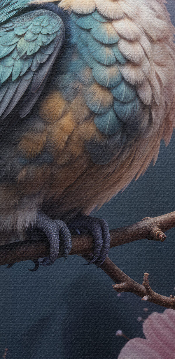 Vogel auf einem Zweig mit Blumen sitzend Vogel auf einem Zweig mit Blumen sitzend
