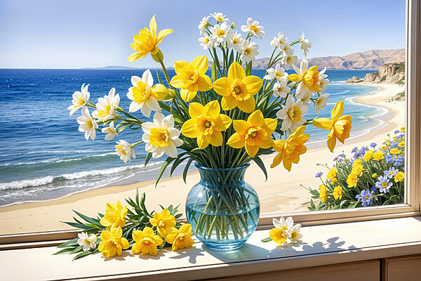 Vase mit gelben und weißen Blumen auf einer Fensterbank Vase mit gelben und weißen Blumen auf einer Fensterbank