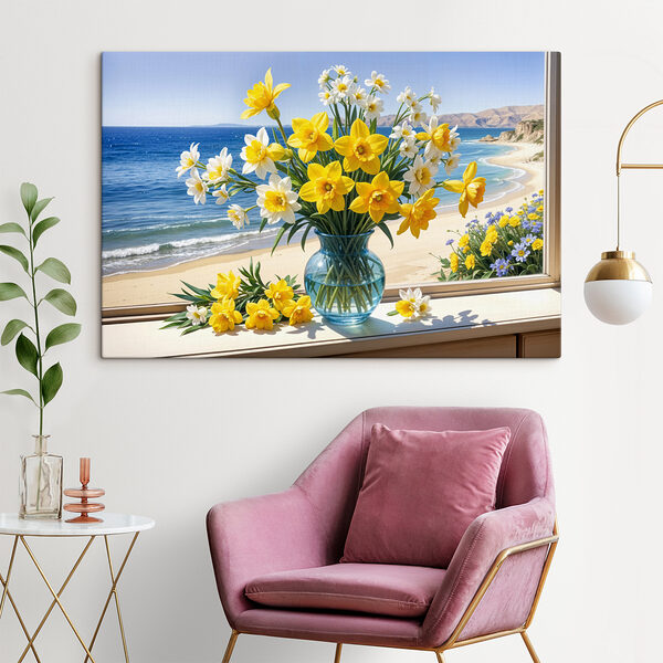Vase mit gelben und weißen Blumen auf einer Fensterbank Vase mit gelben und weißen Blumen auf einer Fensterbank