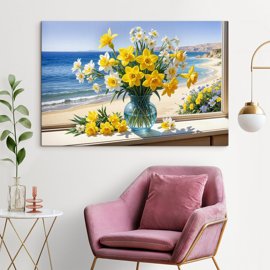 Vase mit gelben und weißen Blumen auf einer Fensterbank