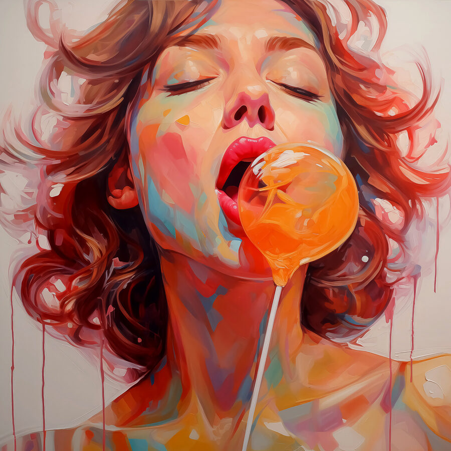 Frau mit roten Haaren und einem Lollipop