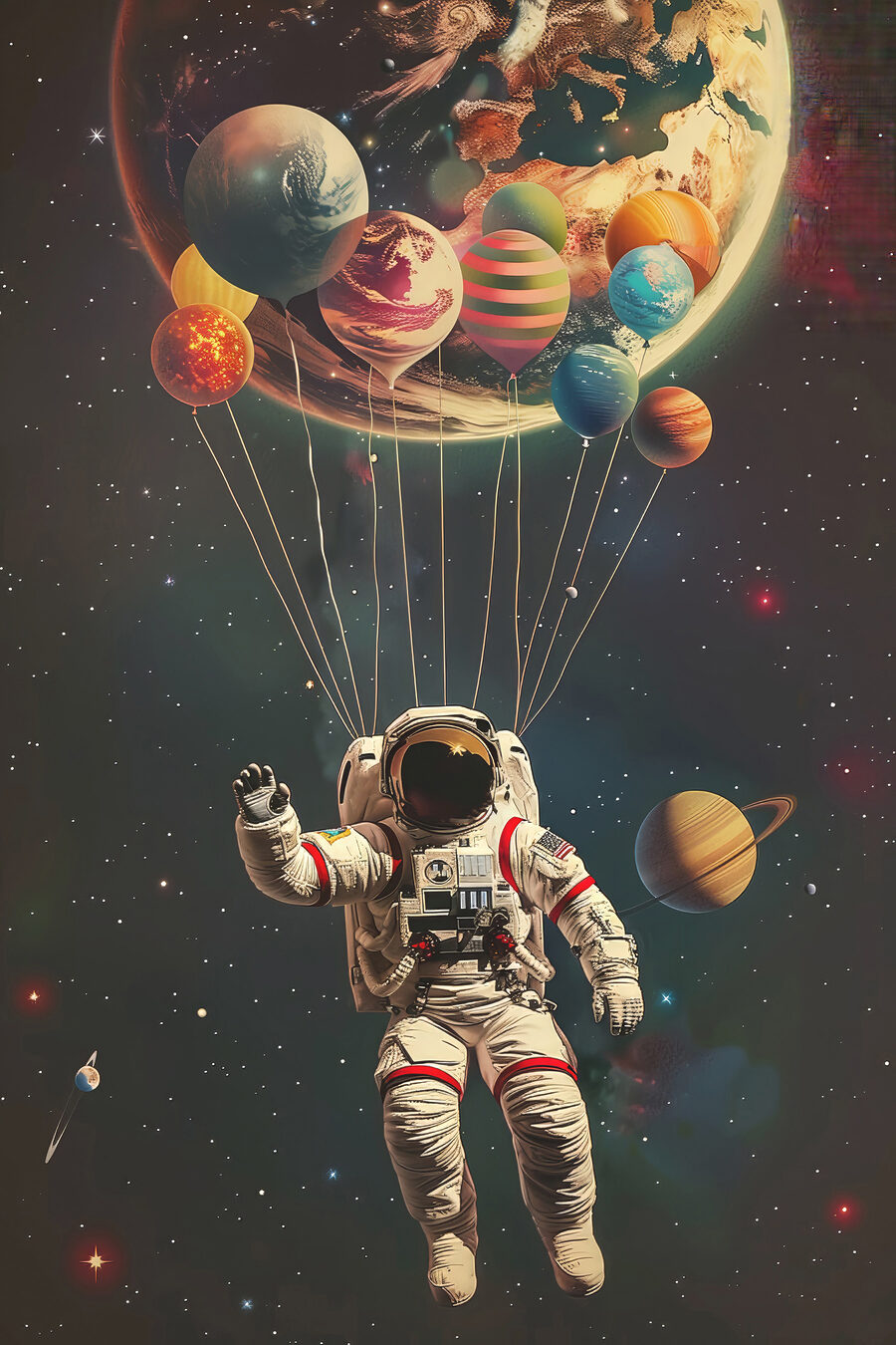 Ein Astronaut schwebt mit Luftballons im Weltraum Ein Astronaut schwebt mit Luftballons im Weltraum