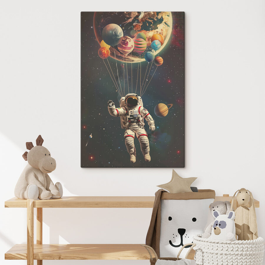 Ein Astronaut schwebt mit Luftballons im Weltraum Ein Astronaut schwebt mit Luftballons im Weltraum