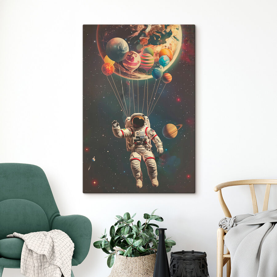 Ein Astronaut schwebt mit Luftballons im Weltraum Ein Astronaut schwebt mit Luftballons im Weltraum