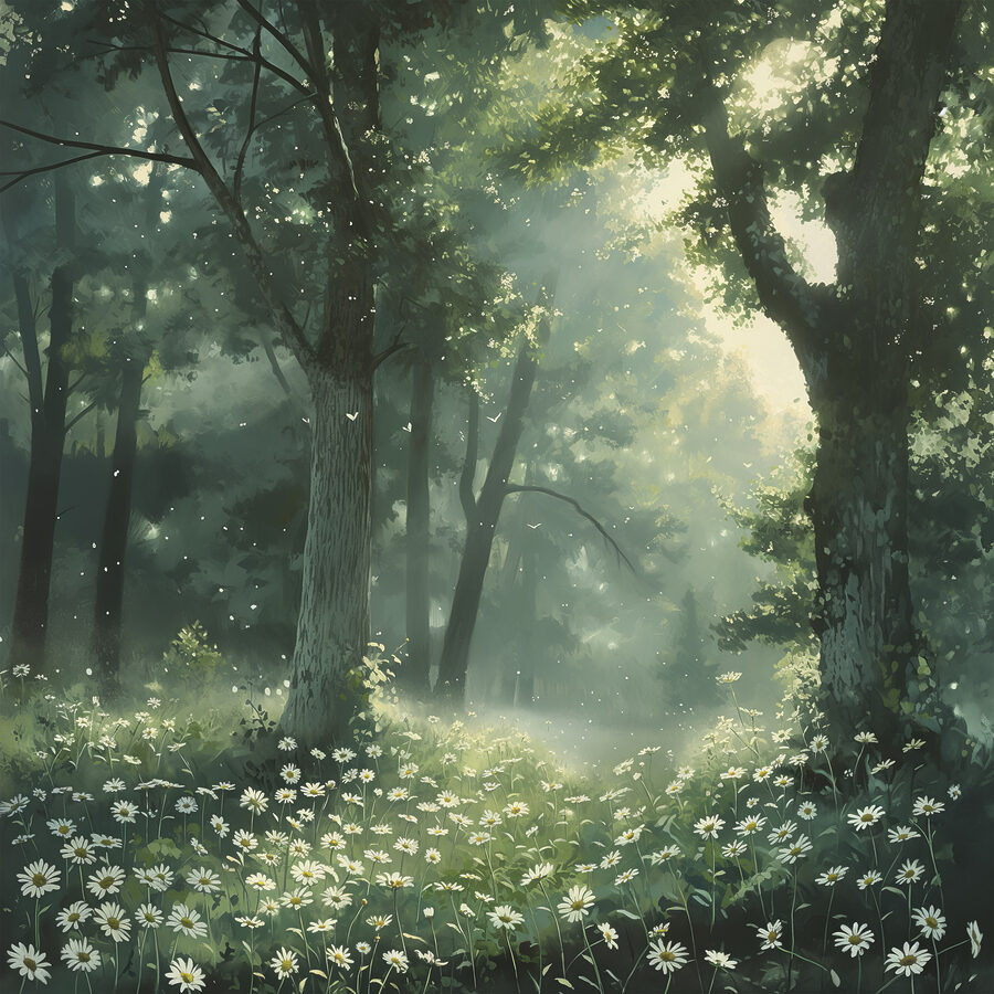 Wald mit Bäumen und Blumen