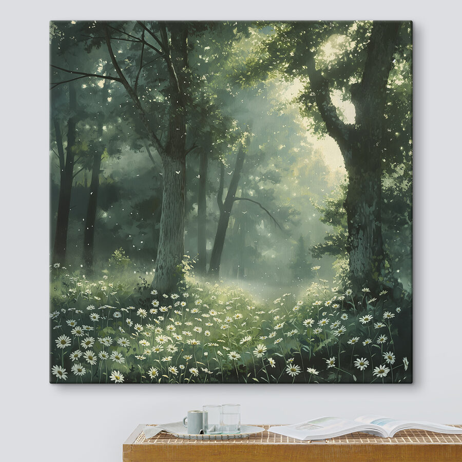 Wald mit Bäumen und Blumen
