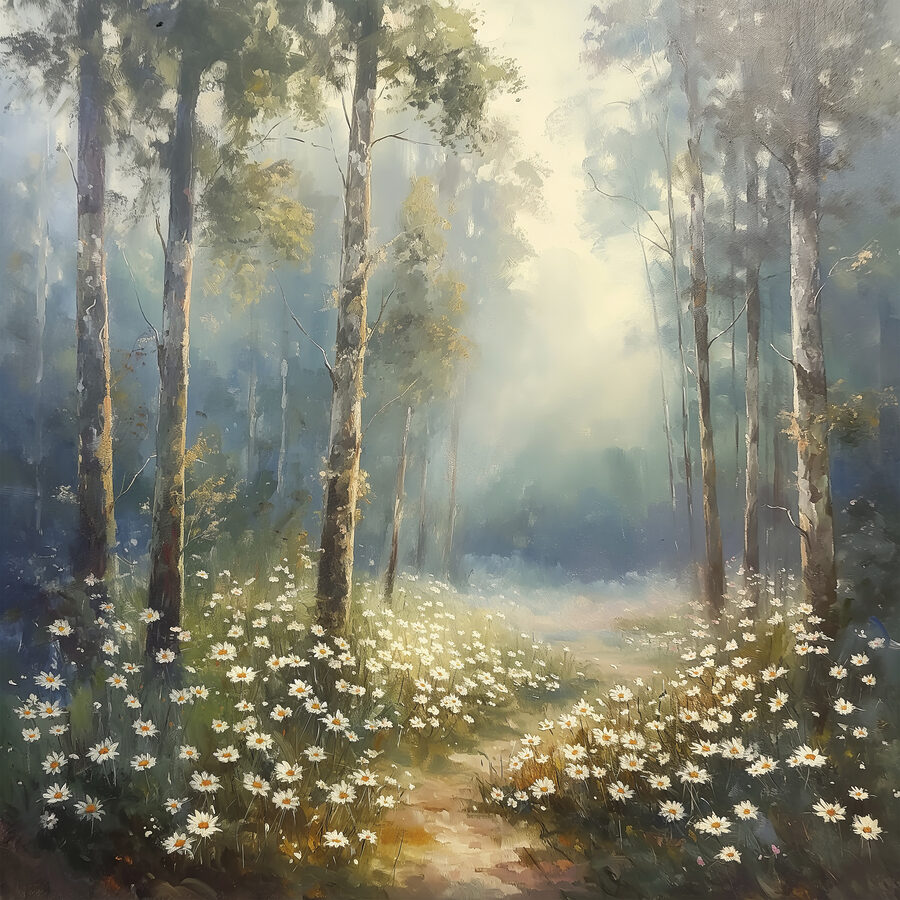 Gemälde eines Waldes mit Blumen und Bäumen