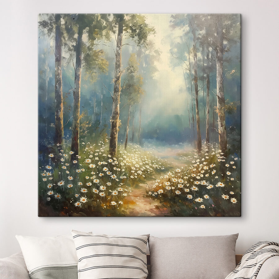 Gemälde eines Waldes mit Blumen und Bäumen