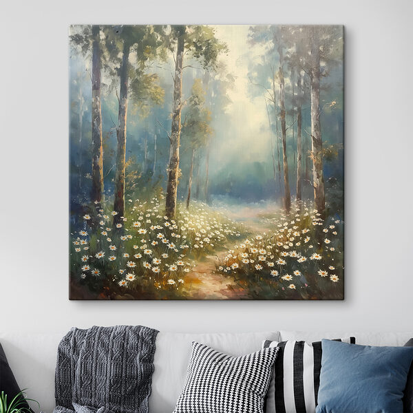 Gemälde eines Waldes mit Blumen und Bäumen Gemälde eines Waldes mit Blumen und Bäumen