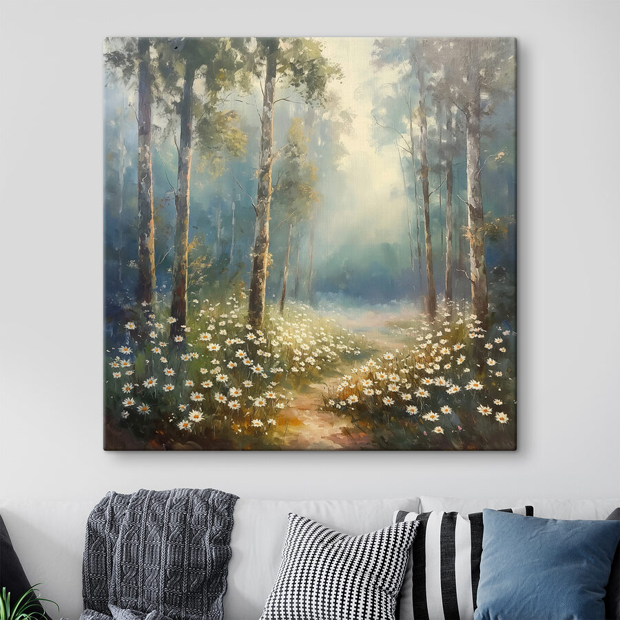 Gemälde eines Waldes mit Blumen und Bäumen