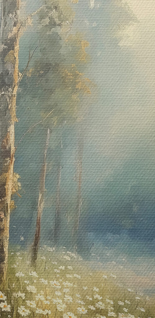 Painting of a forest with flowers and trees