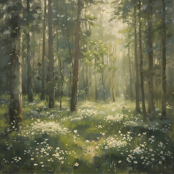 Wald mit Bäumen und Blumen Wald mit Bäumen und Blumen