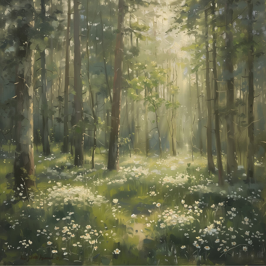 Wald mit Bäumen und Blumen