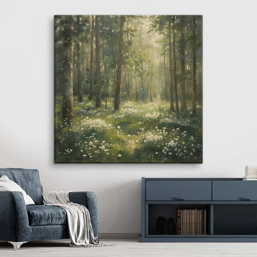 Wald mit Bäumen und Blumen