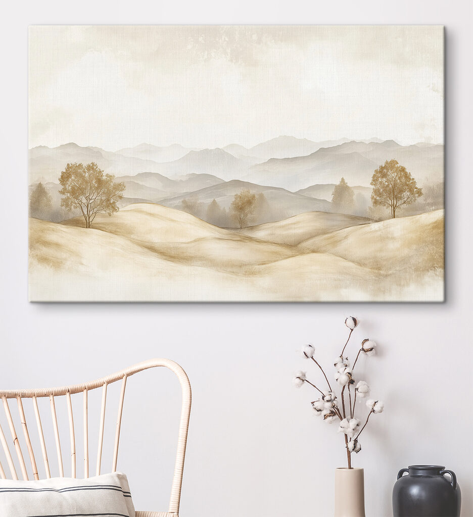 Landscape of hills with trees and mountains in the background