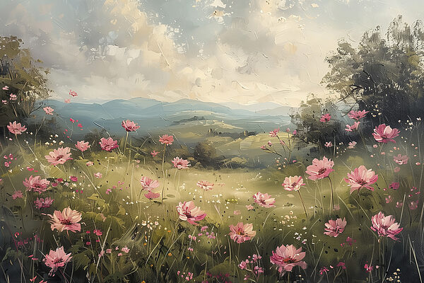 Gemälde eines Feldes mit rosa Blumen Gemälde eines Feldes mit rosa Blumen