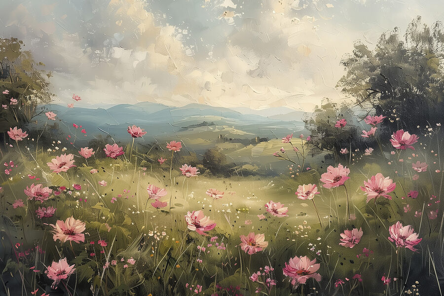 Gemälde eines Feldes mit rosa Blumen