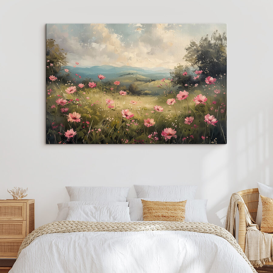 Gemälde eines Feldes mit rosa Blumen