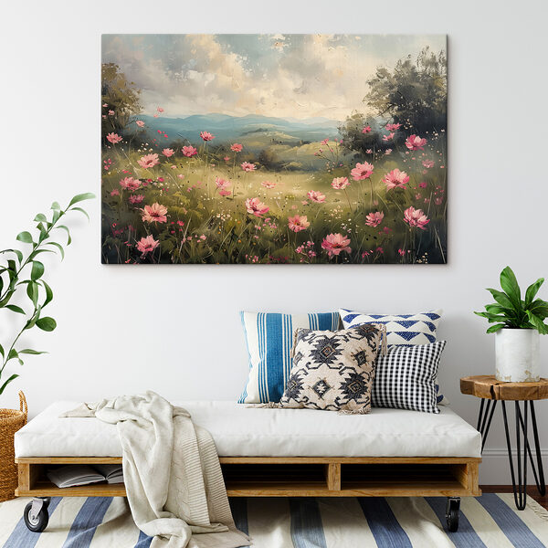 Gemälde eines Feldes mit rosa Blumen Gemälde eines Feldes mit rosa Blumen
