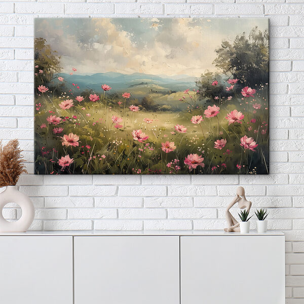 Gemälde eines Feldes mit rosa Blumen Gemälde eines Feldes mit rosa Blumen
