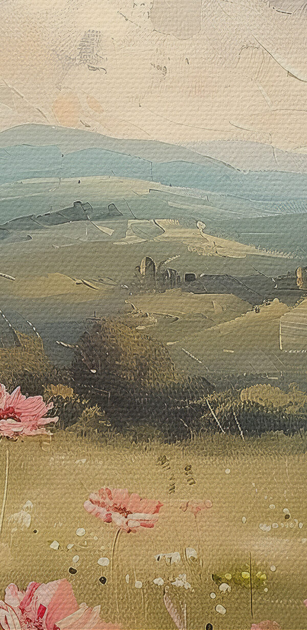 Gemälde eines Feldes mit rosa Blumen Gemälde eines Feldes mit rosa Blumen