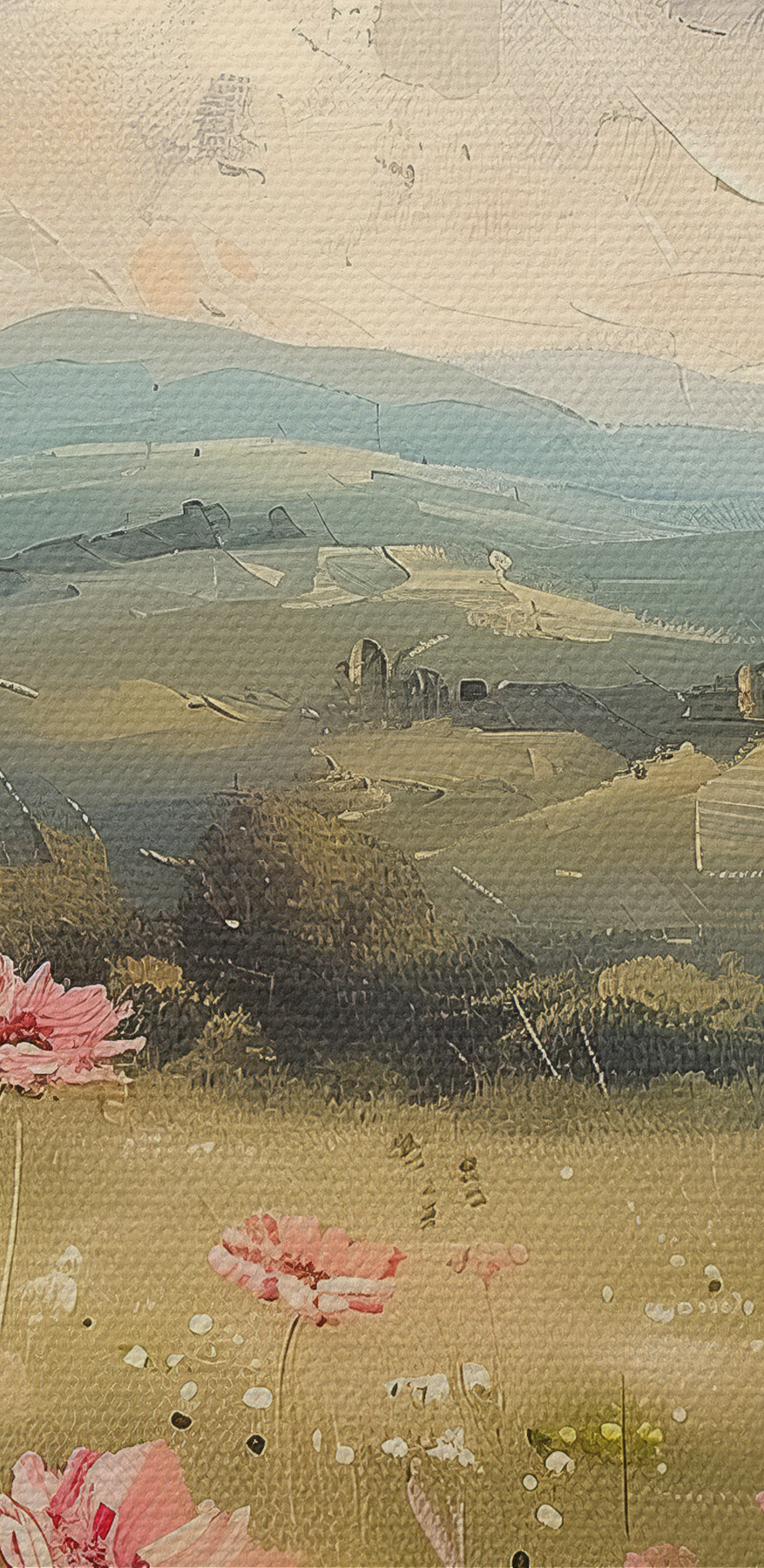Gemälde eines Feldes mit rosa Blumen
