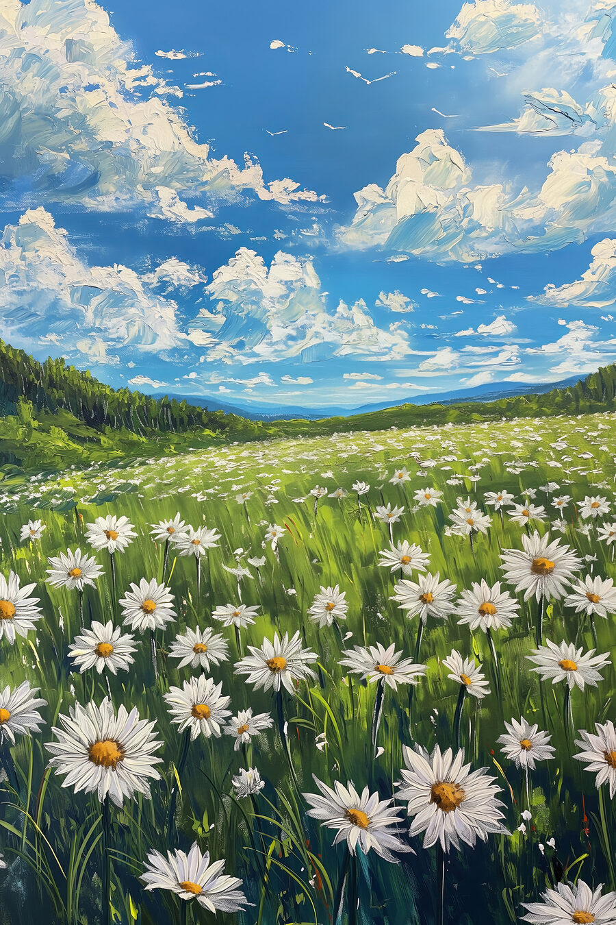 Feld mit Blumen und Bäumen
