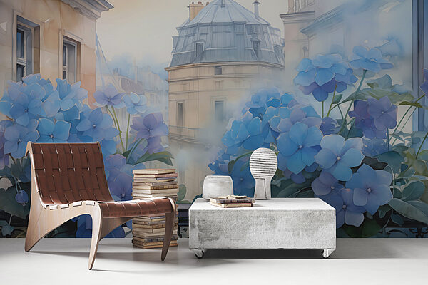 Painting of blue flowers on a balcony