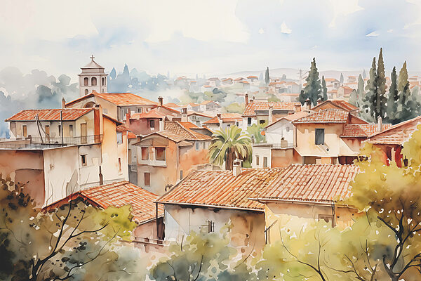 Aquarell einer Stadt mit vielen Gebäuden und Bäumen Aquarell einer Stadt mit vielen Gebäuden und Bäumen