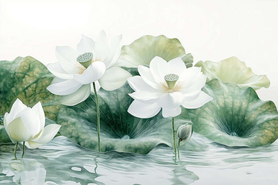 Gruppe von weißen Blüten und grünen Blättern im Wasser