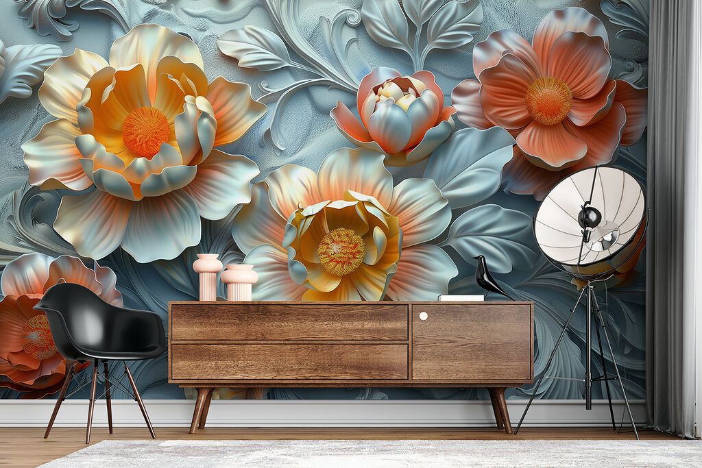 Wallpaper with flowers and leaves Wallpaper with flowers and leaves