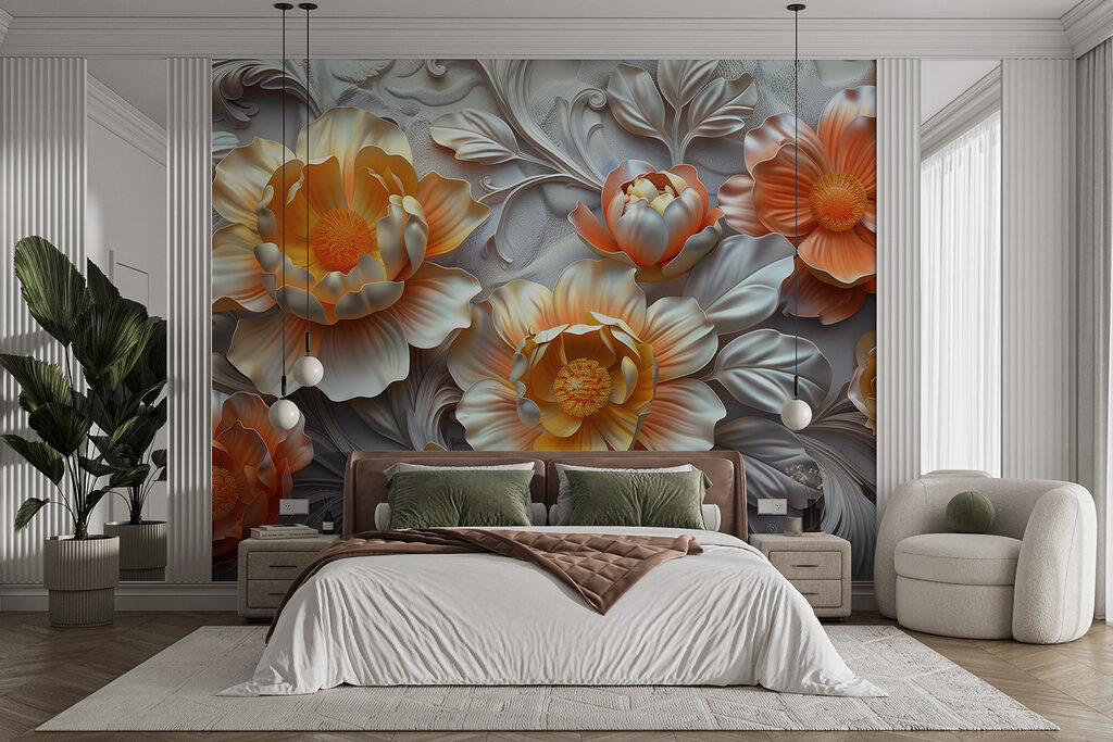 Wallpaper with flowers and leaves