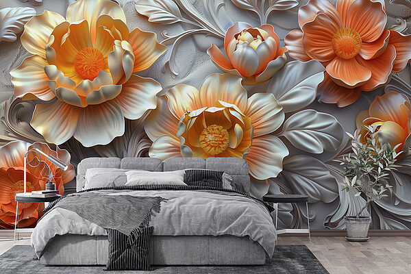 Wallpaper with flowers and leaves