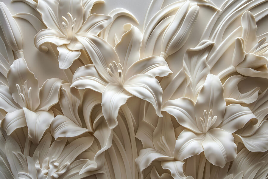 Weiße Blumenskulptur an einer Wand Weiße Blumenskulptur an einer Wand