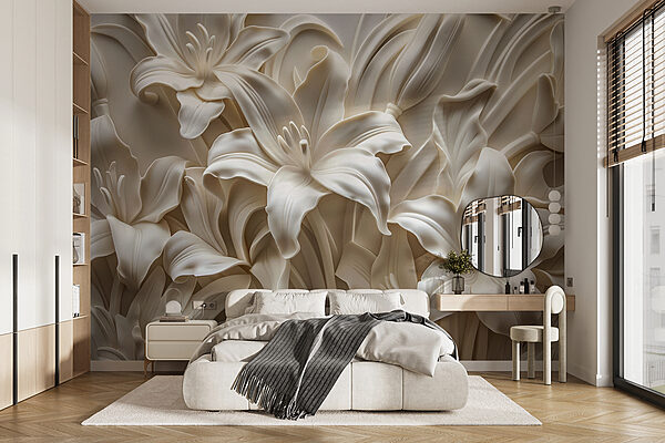 Weiße Blumenskulptur an einer Wand Weiße Blumenskulptur an einer Wand