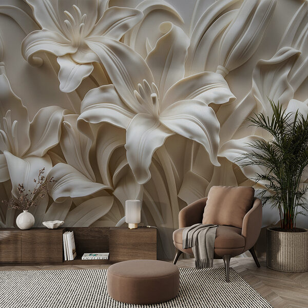 Weiße Blumenskulptur an einer Wand Weiße Blumenskulptur an einer Wand