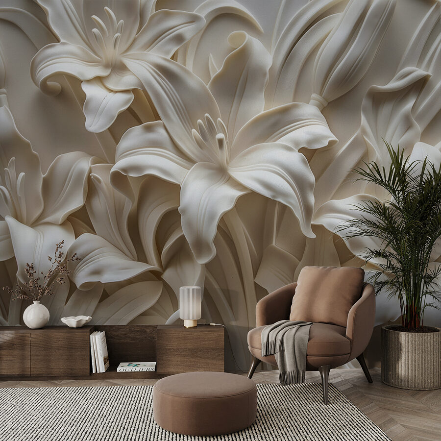 Weiße Blumenskulptur an einer Wand Weiße Blumenskulptur an einer Wand